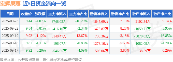 宏辉果蔬(603336)9月23日主力资金净卖出3748.03万元