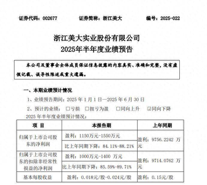 浙江美大上半年业绩不及预期,预计净利下滑八成